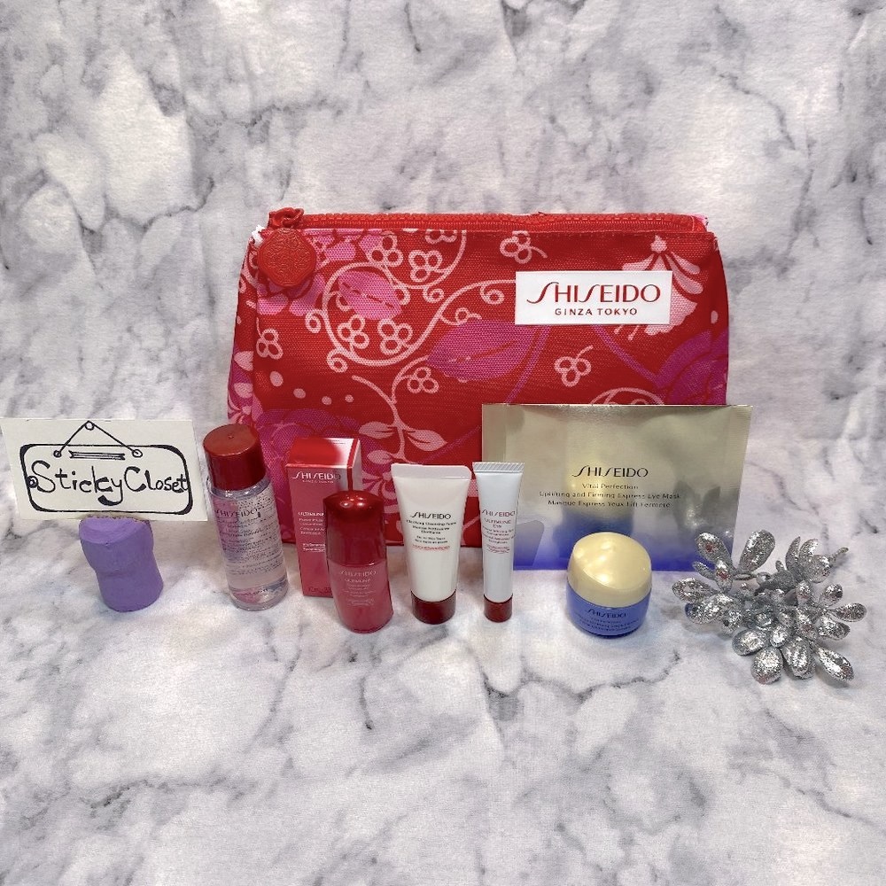 SHISEIDO Skincare Set-Red Floral Pouch,Cleanser,Eye Serum&Mask,FirmCream-7pc-NEW